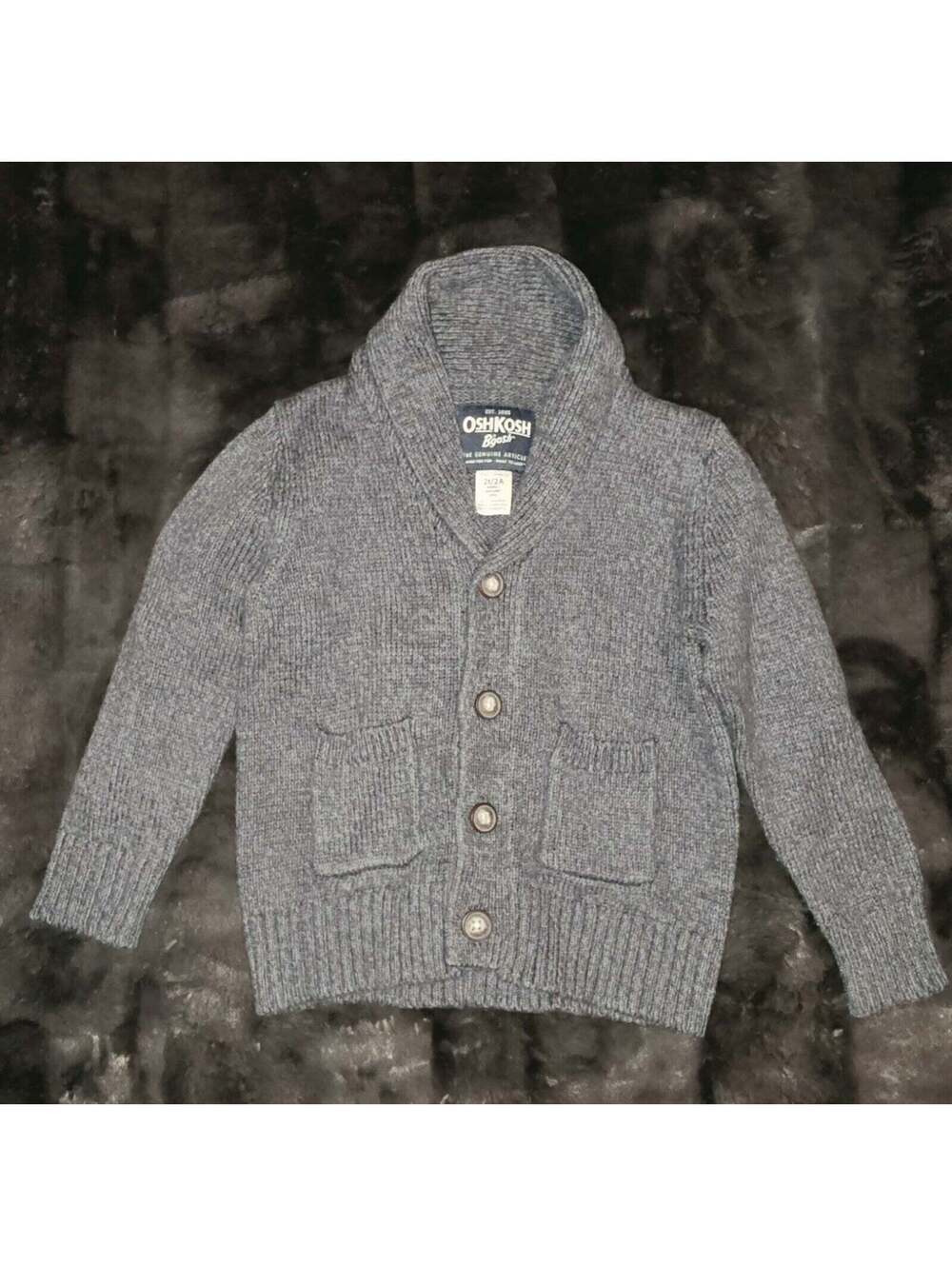 OshKosh B'gosh Gray Knit Cardigan Sweater Shawl Collar Button Pockets 2T